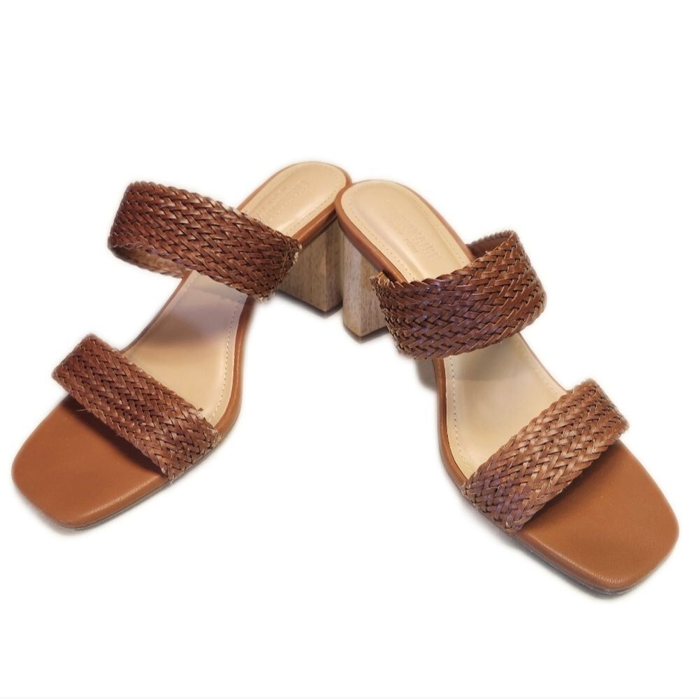 Cushionaire Memory Foam Brown & Cream Woven Faux Leather 2-Strap Sandals, 9